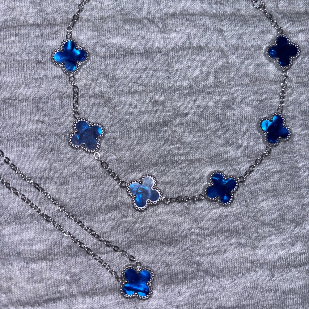 Silver Necklace and Anklet Set with Blue Clover Motifs